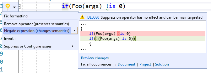 Code fix to negate expression(식 부정(의미 체계 변경): 식을 부정하는 코드 수정)을 선택합니다.