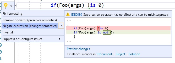 Code fix to negate expression using not(not을 사용하여 식을 부정하는 코드 수정)을 사용하여 식을 부정할 수도 있습니다.