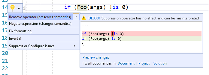 Code fix to remove suppression operator(연산자 제거(의미 체계 유지): 비표시 오류(Suppression) 연산자를 제거하는 코드 수정)를 선택합니다.