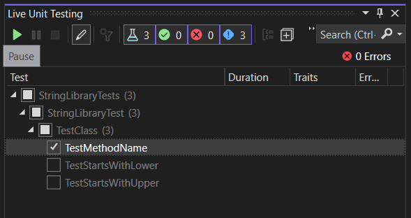 Live Unit Testing 재생 목록 편집기를 보여주는 스크린샷.