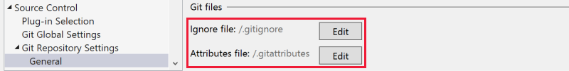 리포지토리의 Ignore 및 Attributes 파일을 보고 편집하는 섹션을 보여 주는 스크린샷
