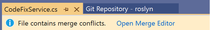 Visual Studio의 ‘파일에 병합 충돌이 포함됨’ 메시지 스크린샷 