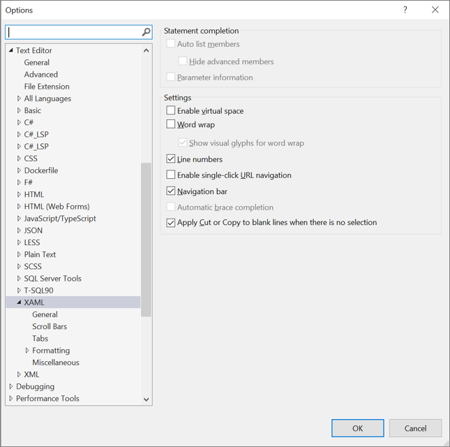 XAML 텍스트 편집기용 옵션 목록