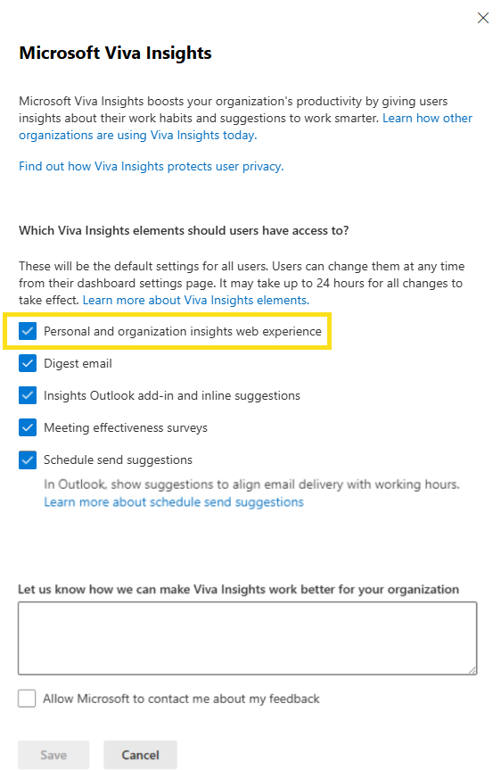 Microsoft Viva Insights 설정 창을 보여 주는 스크린샷