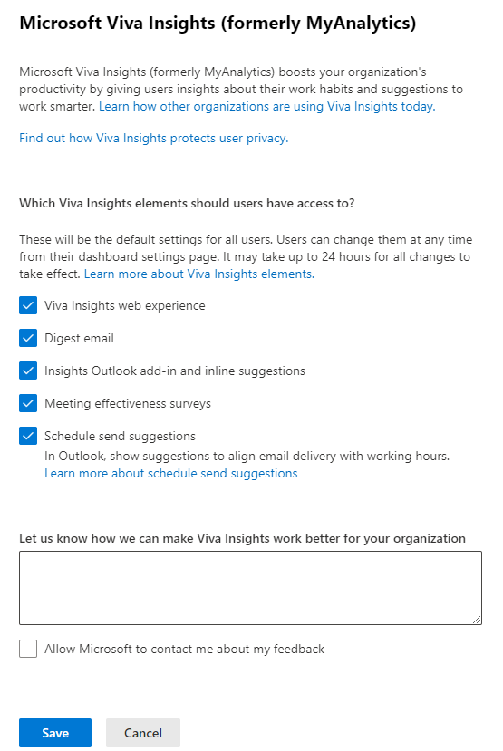 모든 선택이 사용하도록 설정된 Microsoft Viva Insights(이전의 MyAnalytics) 설정 창을 보여 주는 스크린샷