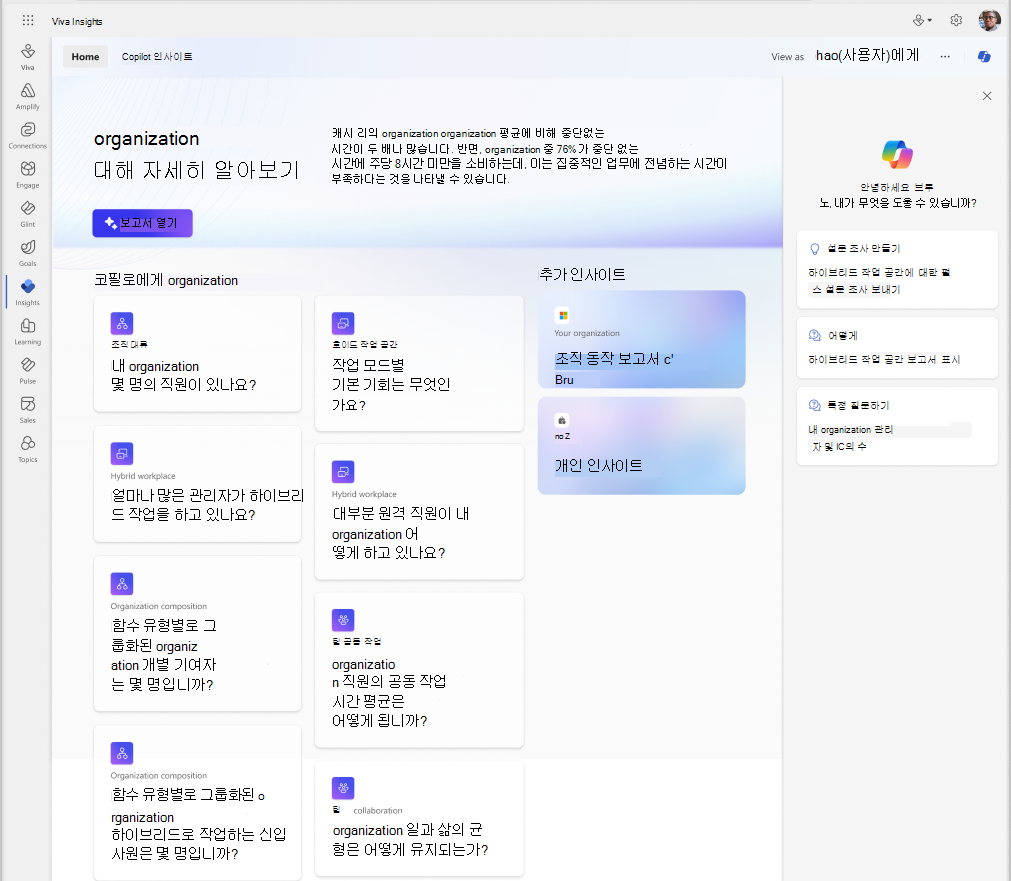 organization 인사이트에 대한 Copilot 보고서를 보여 주는 스크린샷