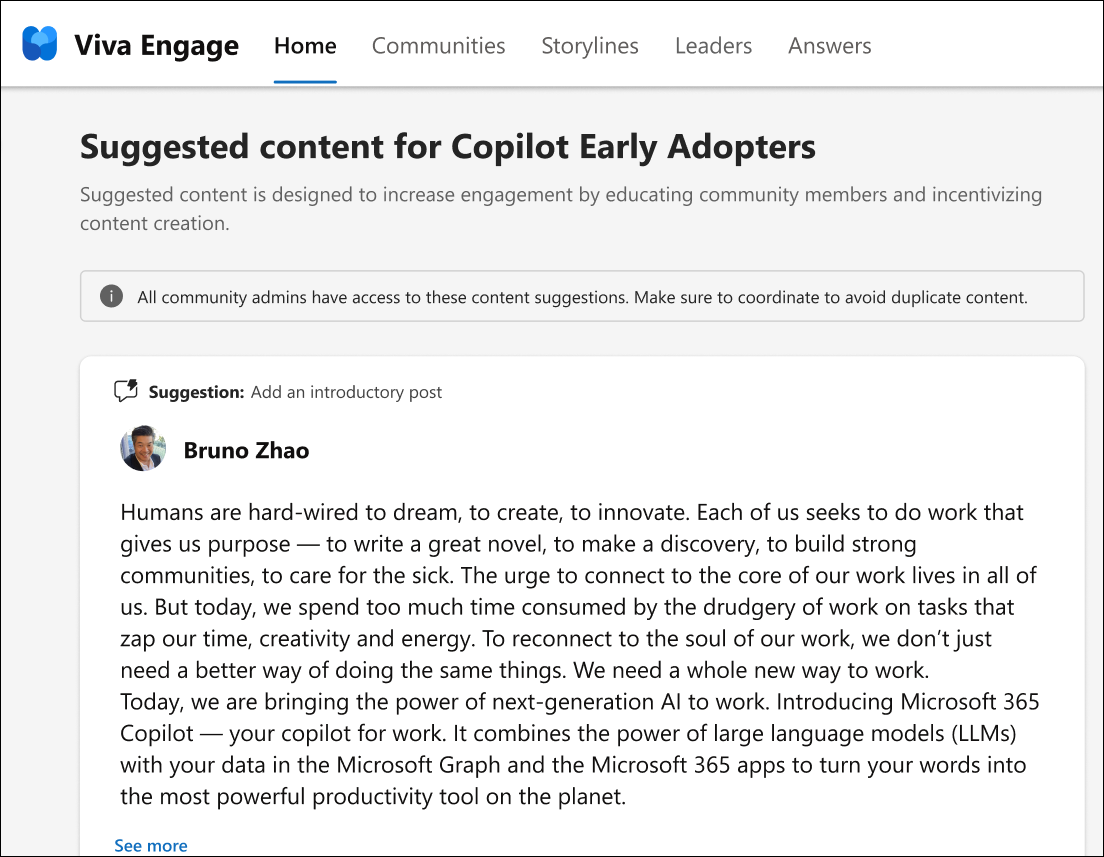 스크린샷은 Copilot 채택 커뮤니티 페이지=에서 생성된 제안된 콘텐츠를 보여줍니다.