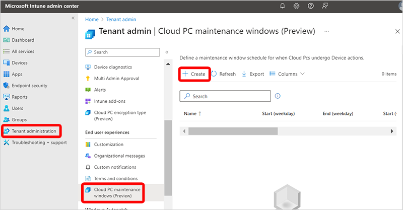 Screencap create a Cloud PC maintenance window.