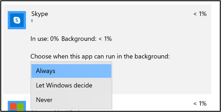 설정의 Skype 앱. 대화 상자는 이 앱이 백그라운드에서 실행될 수 있는 경우를 선택하는 드롭다운 메뉴를 보여 줍니다. 이 메뉴에는 항상, Windows에서 결정하도록 허용, 안 함의 세 가지 선택 항목이 있습니다.