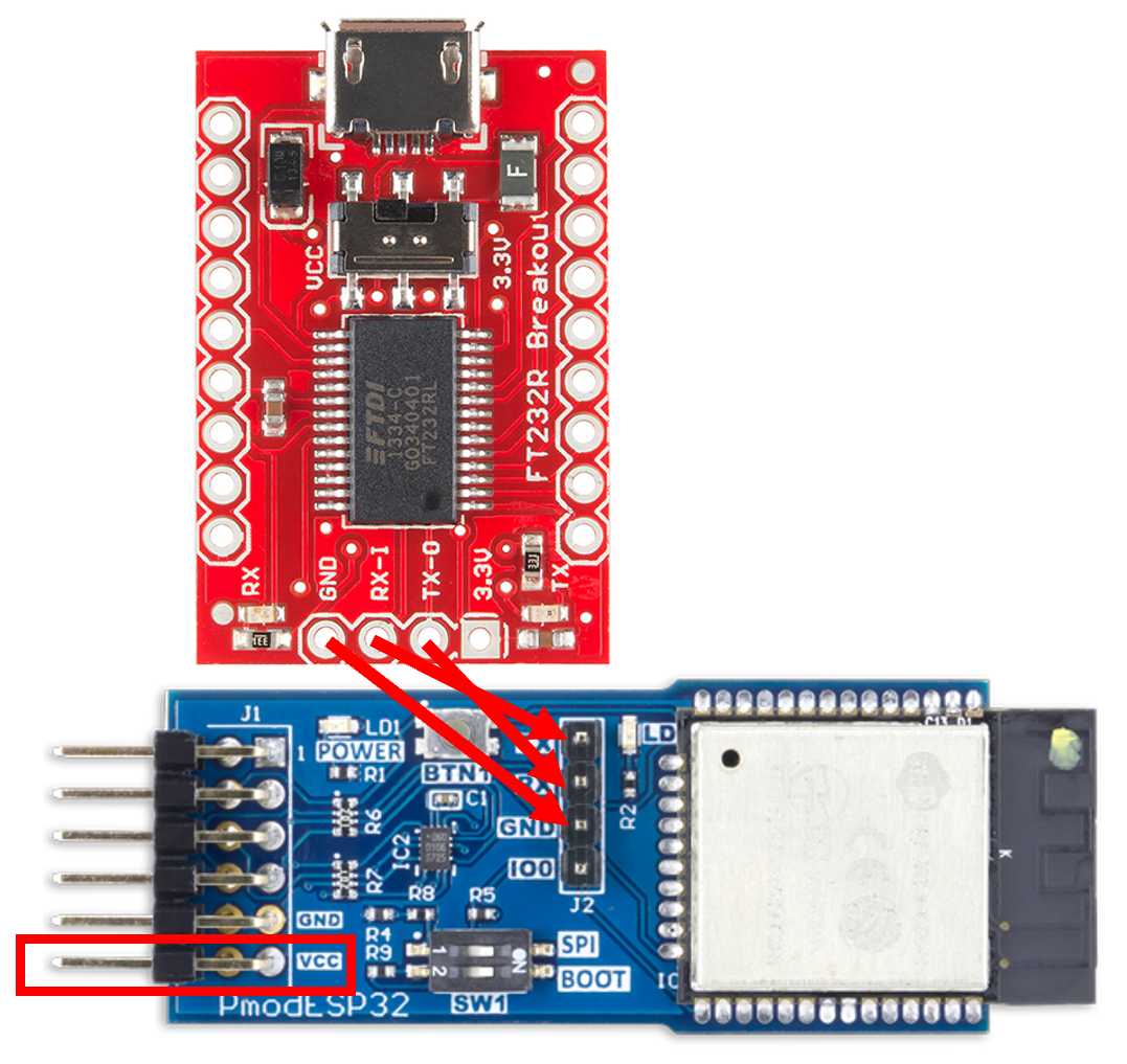 펌웨어 업데이트를 위해 USB를 UART 보드에 ESP32에 연결하는 위치를 보여 주는 사진.