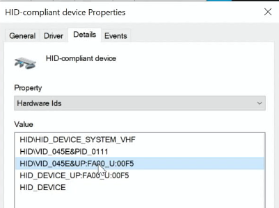 값 목록의 HID VID 디바이스입니다.