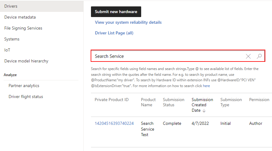 검색 텍스트 상자에 'Search Service'를 입력한 하드웨어 대시보드의 드라이버 페이지 스크린샷