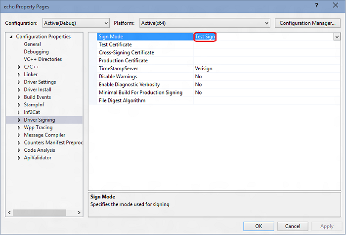 서명 모드 설정을 강조 표시하는 Visual Studio의 Echo 속성 페이지 스크린샷