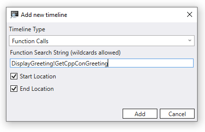 DisplayGreeting의 함수 검색 문자열과 함께 함수 호출 타임라인 추가하는 새 타임라인 대화 상자를 추가합니다. GetCppConGreeting.