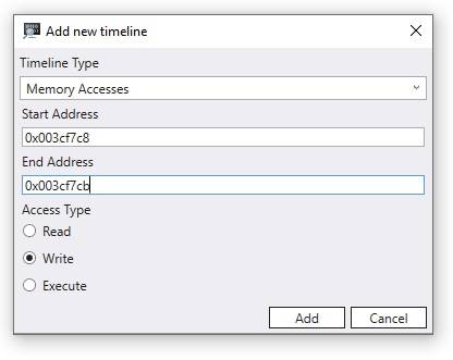 쓰기 단추가 선택되고 시작 값이 003cf7c8인 타임라인 메모리 액세스 대화 상자 추가