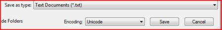 이전 메모장 버전에서 유니코드 인코딩이 선택된 다른 이름으로 저장 대화 상자의 스크린샷