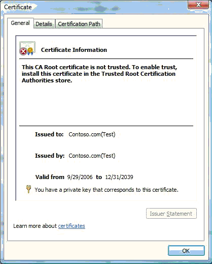 contoso.com(테스트) 인증서의 세부 정보를 표시하는 인증서 창의 스크린샷
