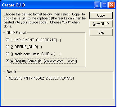 guidgen guid 만들기 대화 상자의 스크린샷