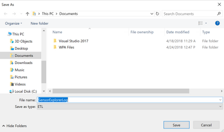 SensorExplorer 로그 다른 이름으로 저장 대화 상자의 스크린샷