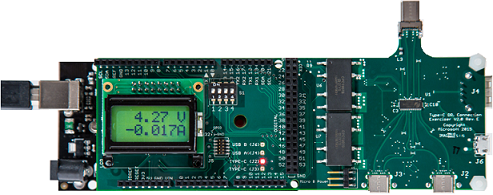 LCD 디스플레이에 4.27 V 및 -0.017A가 있는 USB Type-C ConnEx의 사진입니다.