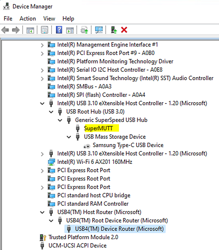 SuperMUTT 디바이스가 강조 표시된 Windows Device Manager의 스크린샷.