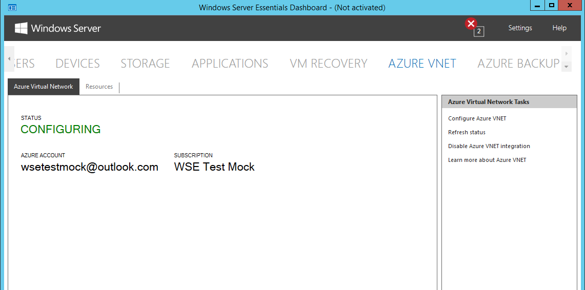 Windows Server Essentials 대시보드의 Azure VNet 페이지를 보여 주는 스크린샷 Azure 가상 네트워크 탭이 선택되어 있으며 상태를 구성으로 표시합니다.