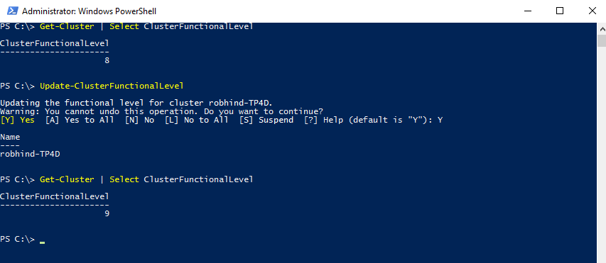 Update-ClusterFunctionalLevel cmdlet의 출력을 보여주는 스크린샷