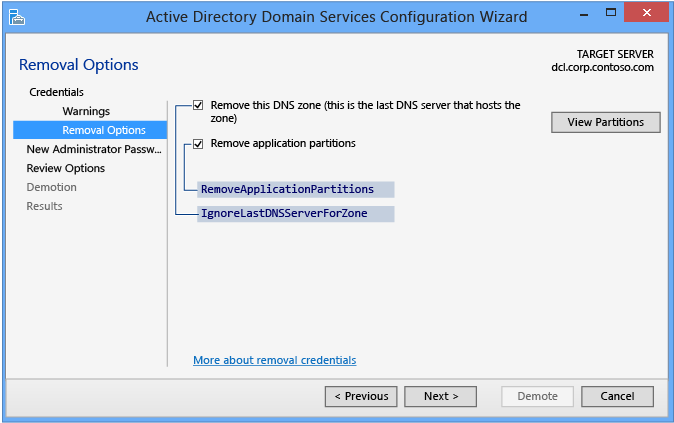 Active Directory 도메인 Services 구성 마법사 - 자격 증명 DNS 및 애플리케이션 파티션 제거