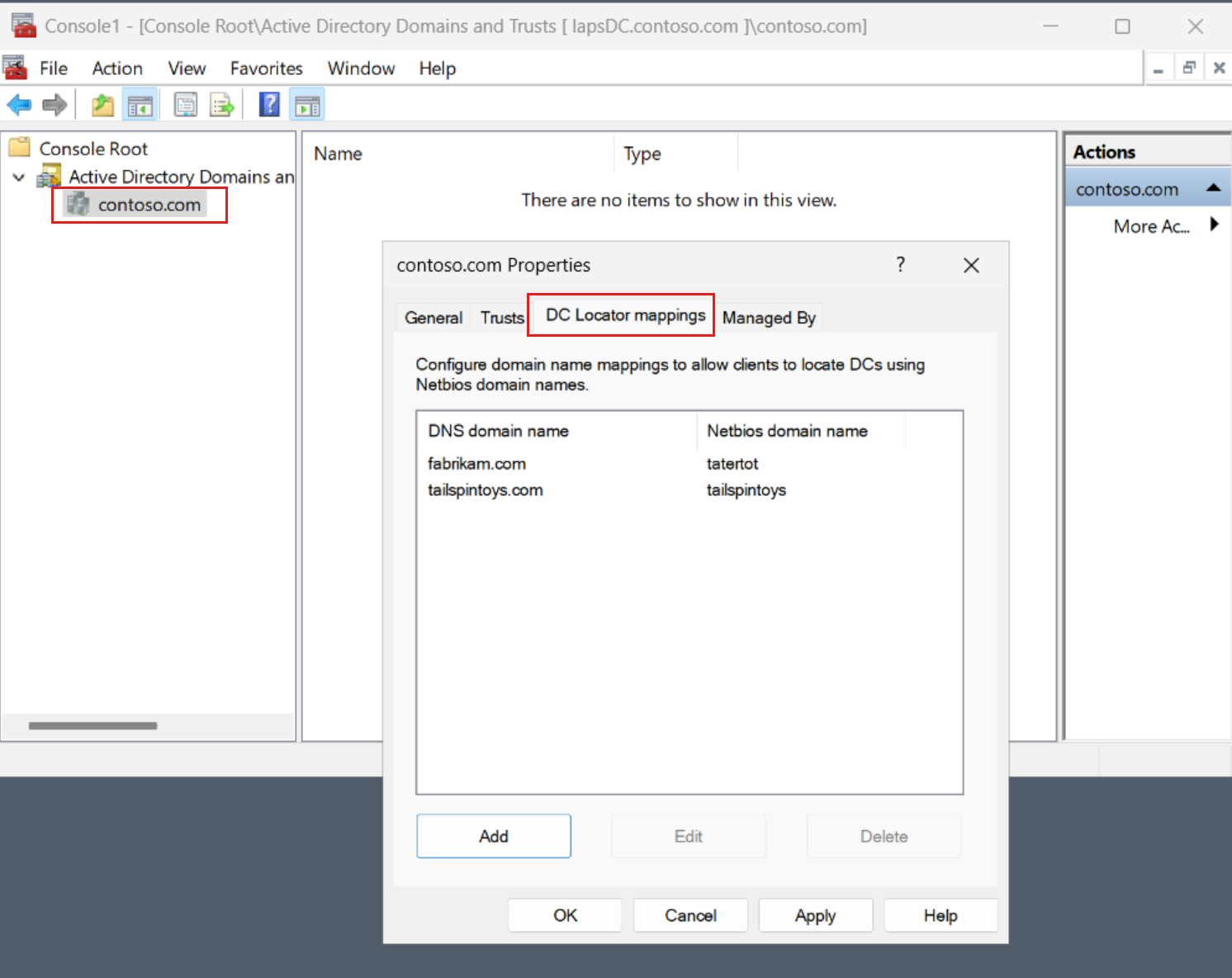 Active Directory 도메인 및 트러스트 스냅인의 DC 로케이터 도메인 이름 매핑 페이지 스크린샷