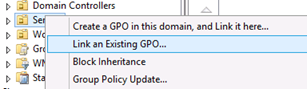 GPO를 멤버 서버 및 워크스테이션 OU에 연결하려고 할 때 기존 GPO 메뉴 연결 옵션을 보여 주는 스크린샷