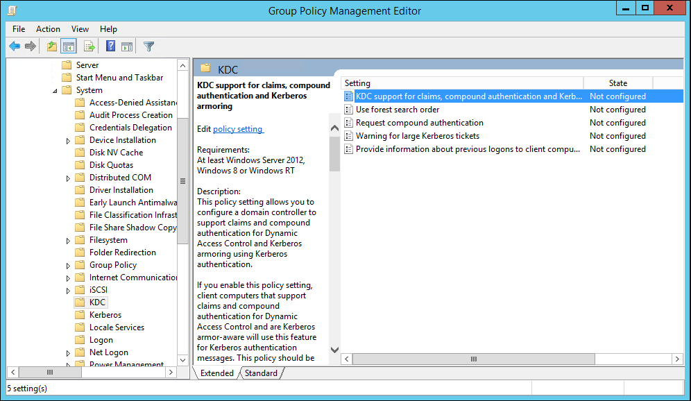 클레임, 복합 인증 및 Kerberos 아머링(armoring) 설정에 대한 KDC 지원 설정이 강조 표시된 그룹 정책 관리 편집기의 스크린샷.