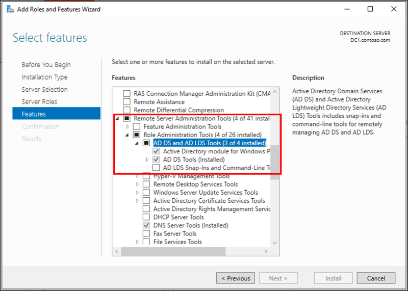 Windows PowerShell용 Active Directory 모듈 및 AD DS 도구 옵션을 강조 표시하는 스크린샷.