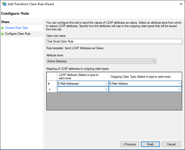 Windows Server 2016에서 신뢰 당사자 트러스트에 대한 클레임으로 LDAP 특성을 보내는 규칙을 만들 때 클레임 규칙 이름을 입력할 위치를 보여 주는 스크린샷.