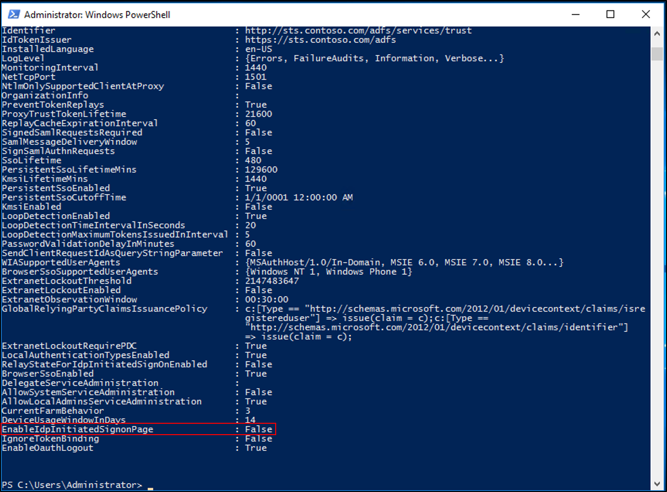 EnableIdpInitiatedSignonPage 속성이 false로 설정되어 있음을 강조하는 PowerShell 출력을 보여 주는 스크린샷