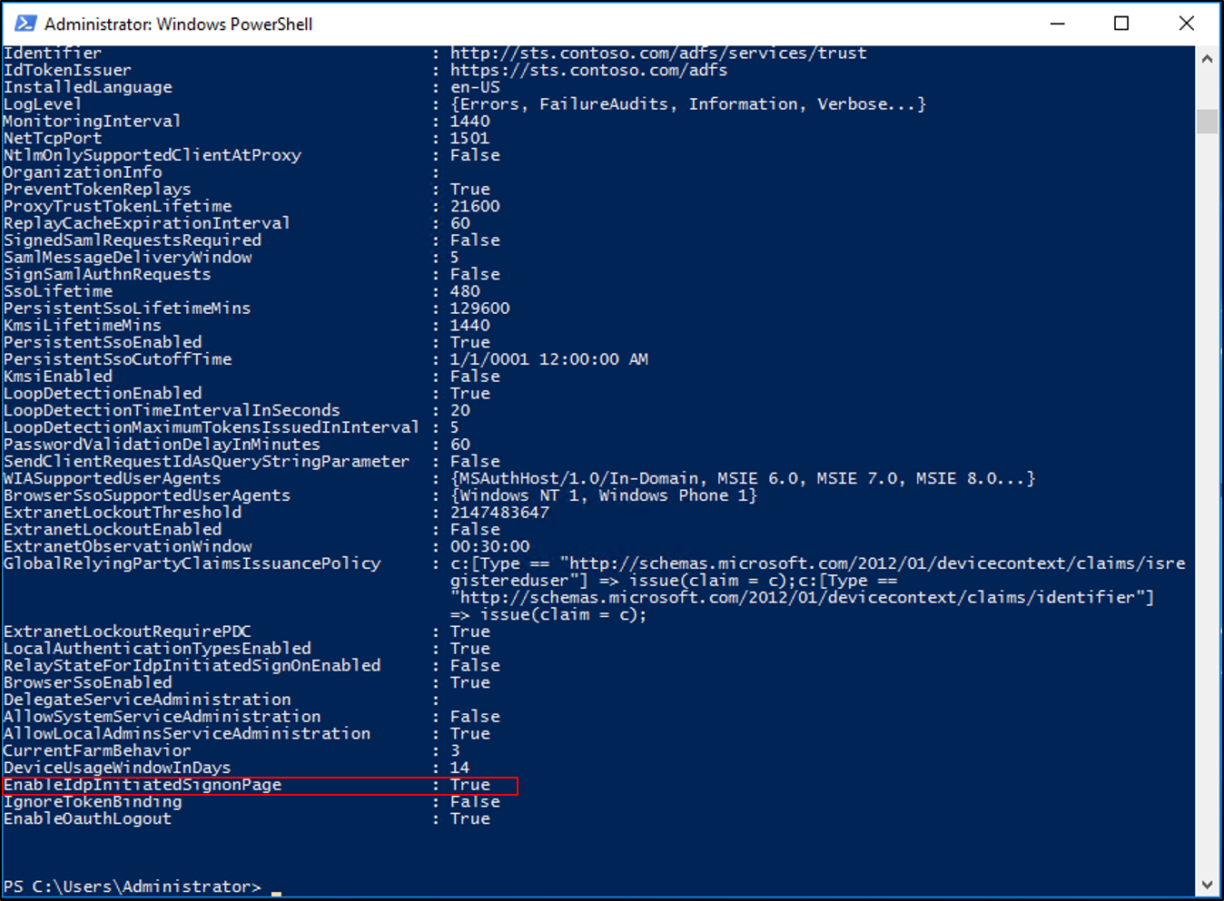 EnableIdpInitiatedSignonPage 속성이 true로 설정되어 있음을 강조하는 PowerShell 출력을 보여 주는 스크린샷