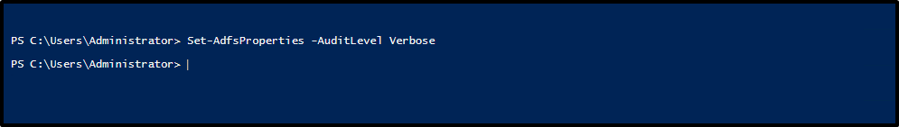 명령 프롬프트에 입력된 Set-AdfsProperties -AuditLevel Verbose cmdlet을 보여 주는 PowerShell 창의 스크린샷