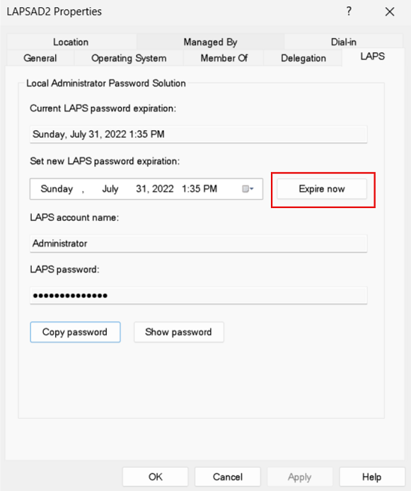 Windows Server Active Directory 사용자 및 컴퓨터 스냅인의 Windows LAPS 속성 대화 상자에서 지금 만료 단추를 보여 주는 스크린샷