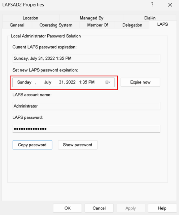 Windows Server Active Directory 사용자 및 컴퓨터 스냅인의 Windows LAPS 속성 대화 상자에서 현재 암호 만료 시간을 보여 주는 스크린샷