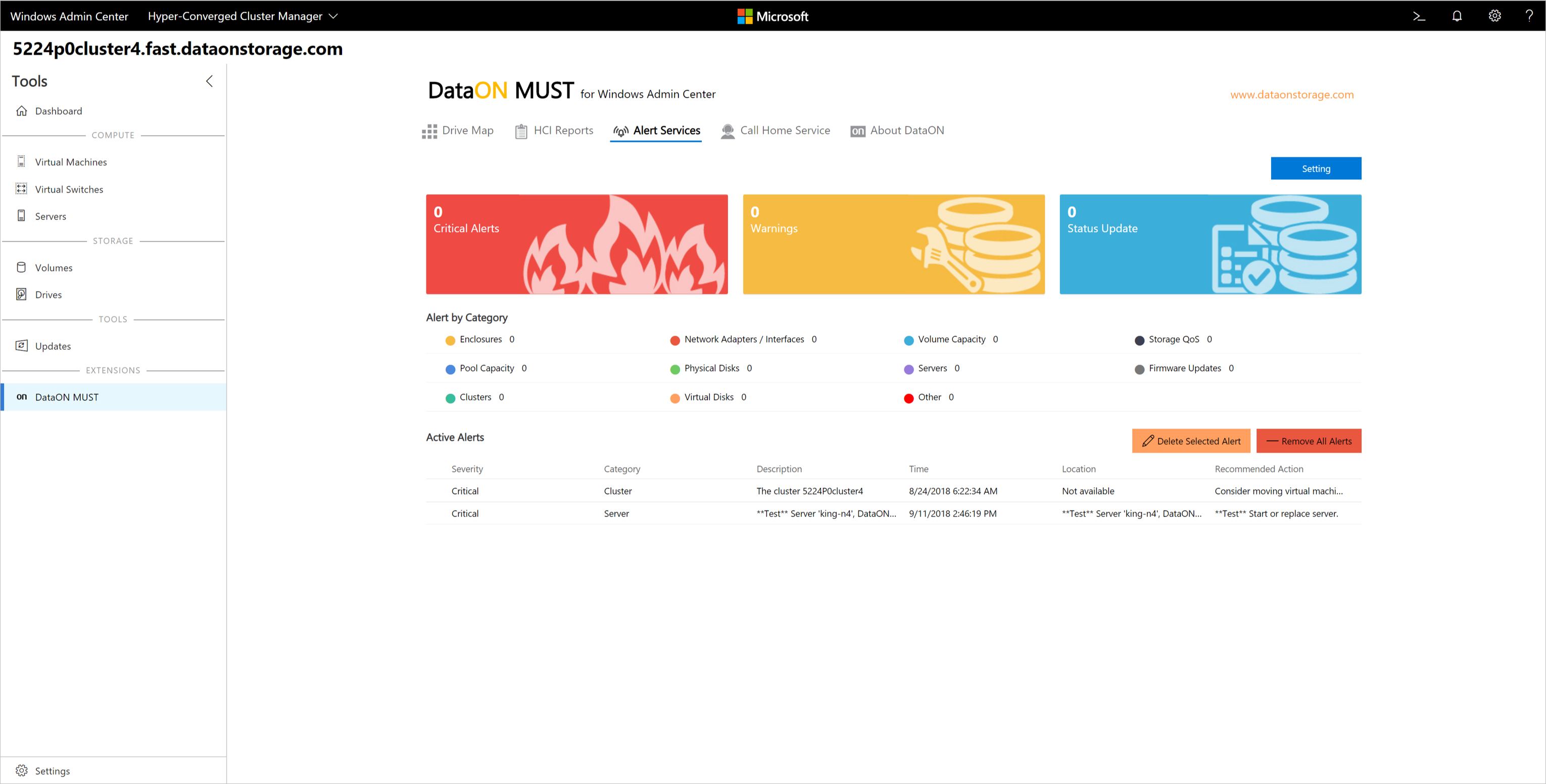 DataON MUST 확장의 경고 서비스를 보여 주는 Windows Admin Center 스크린샷.