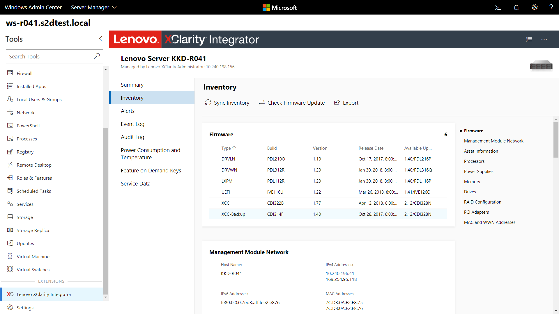 Lenovo XClarity 통합자 확장 도구를 보여 주는 Windows Admin Center 서버 관리자 포털 스크린샷