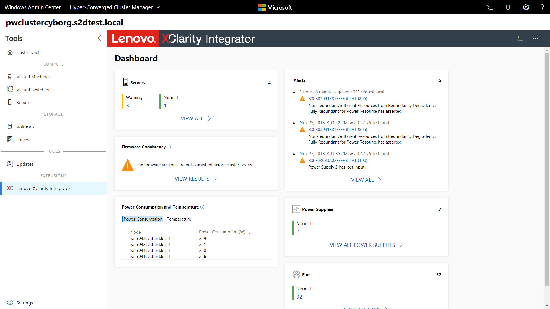 대시보드 페이지를 확인할 수 있는 Lenovo XClarity 통합자 확장 도구 스크린샷.