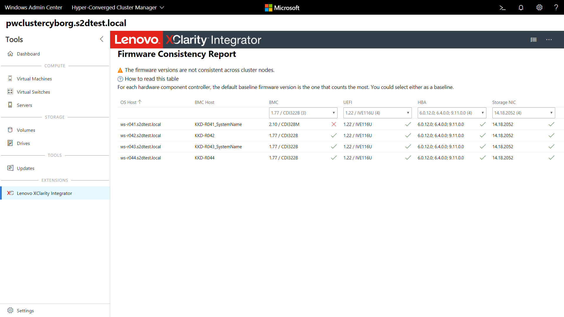 펌웨어 일관성 보고서 페이지를 확인할 수 있는 Lenovo XClarity Integrator 확장 도구 스크린샷.