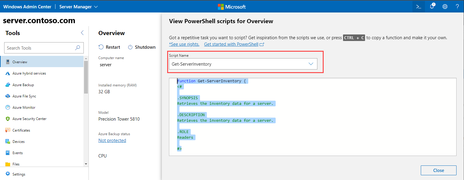 개요에 대한 PowerShell 스크립트 보기 페이지의 스크린샷.