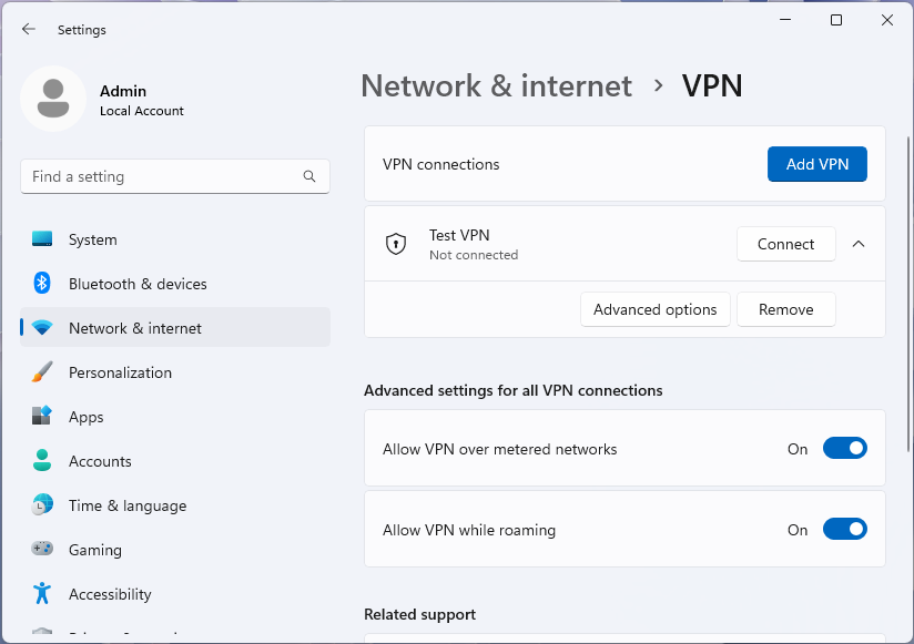 Windows 11 설정 앱에서 선택한 프로필이 있는 VPN 페이지의 스크린샷