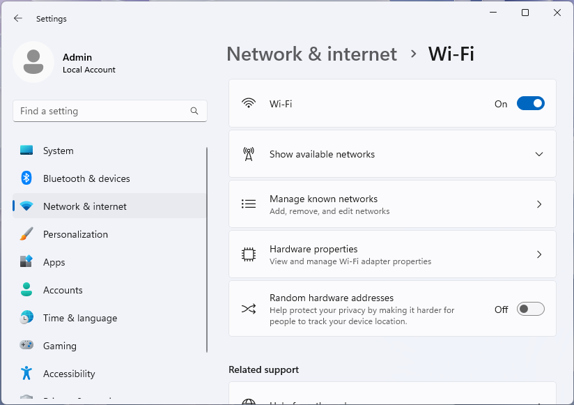 Windows 11 설정 앱의 Wi-Fi 페이지 스크린샷