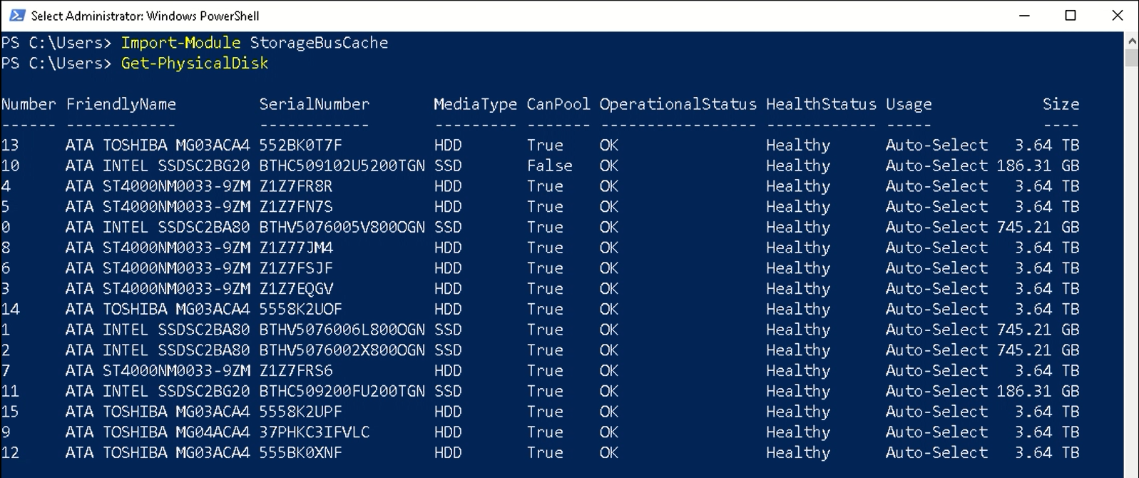 스토리지 버스 캐시를 사용하도록 설정하기 전에 Get-PhysicalDisk의 결과를 보여 주는 스크린샷