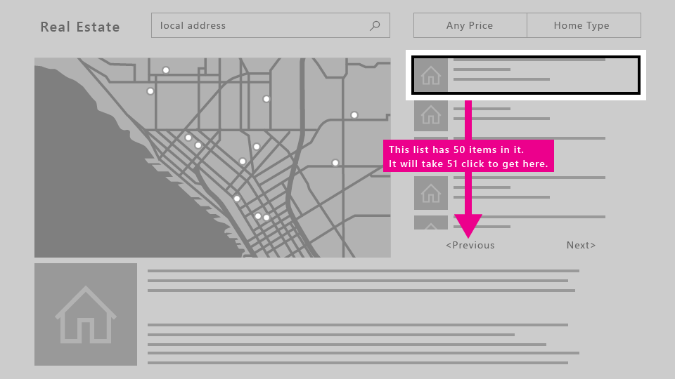 부동산 앱: 50개 항목이 있는 목록은 51번의 클릭으로 아래 단추에 도달합니다.