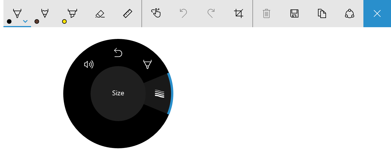 Windows Ink 도구 모음의 스트로크 크기 도구가 있는 Surface Dial 메뉴