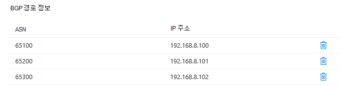 각 ASN이 특정 IP 주소에 해당하는 방법을 보여 주는 BGP 경로 정보라는 제목의 테이블 스크린샷