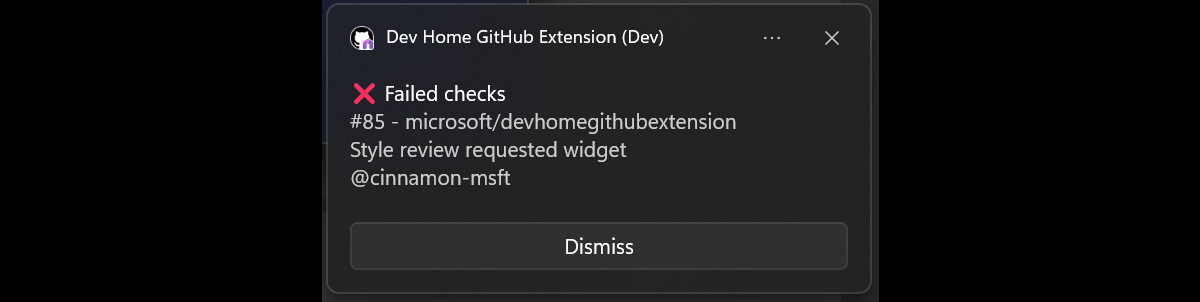 Dev Home GitHub 확장 프로그램으로 인한 검사 실패에 대한 Windows 알림 스크린샷